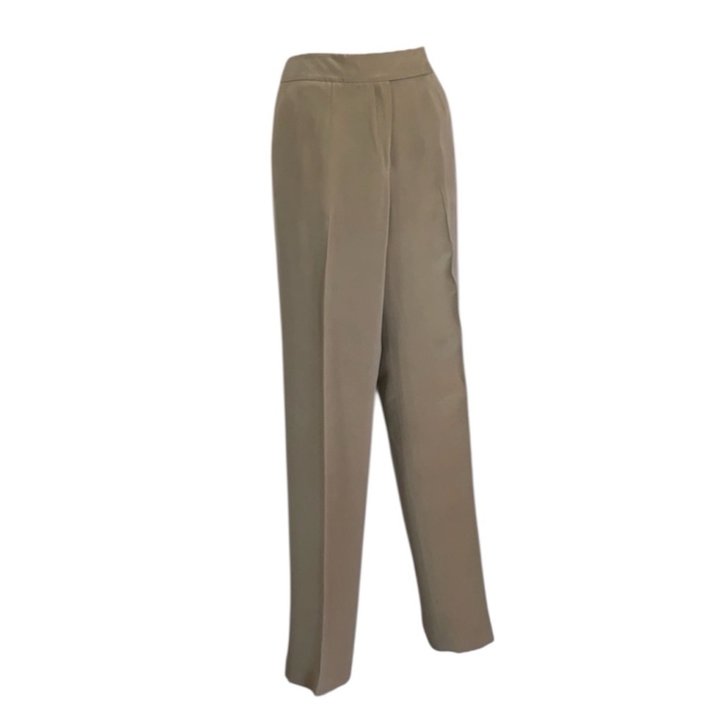Liz Claiborne pants, women 8, tan khaki silk, flat front, straight leg. Euc